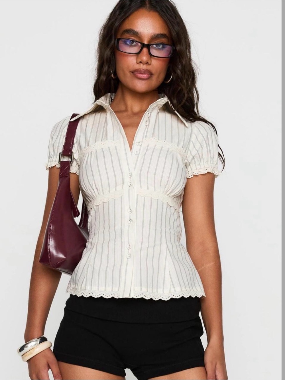 Princess Polly Cream Pinstripe Lace-Trim Button Front Top